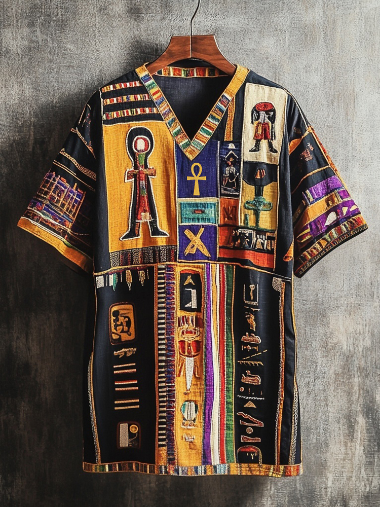 Ancient Egyptian Elements Patchwork Linen T Shirt