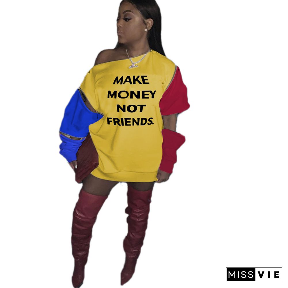 Letter Color Block Adjustable Sleeve Sweatshirt Dress