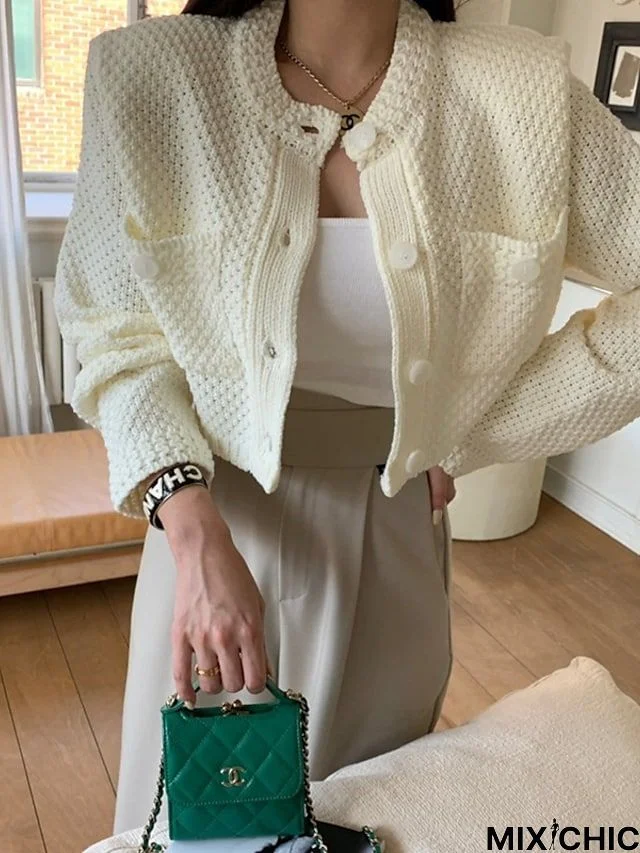 Women's Cardigan Sweater Jumper Waffle Knit Hollow Out Button Solid Color Crew Neck Casual Daily Weekend Winter Fall Green Black One-Size