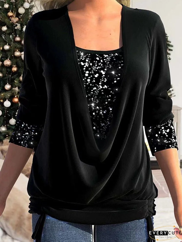 Sequin Panel Solid Long Sleeve Drop Collar Pleated T-Shirt