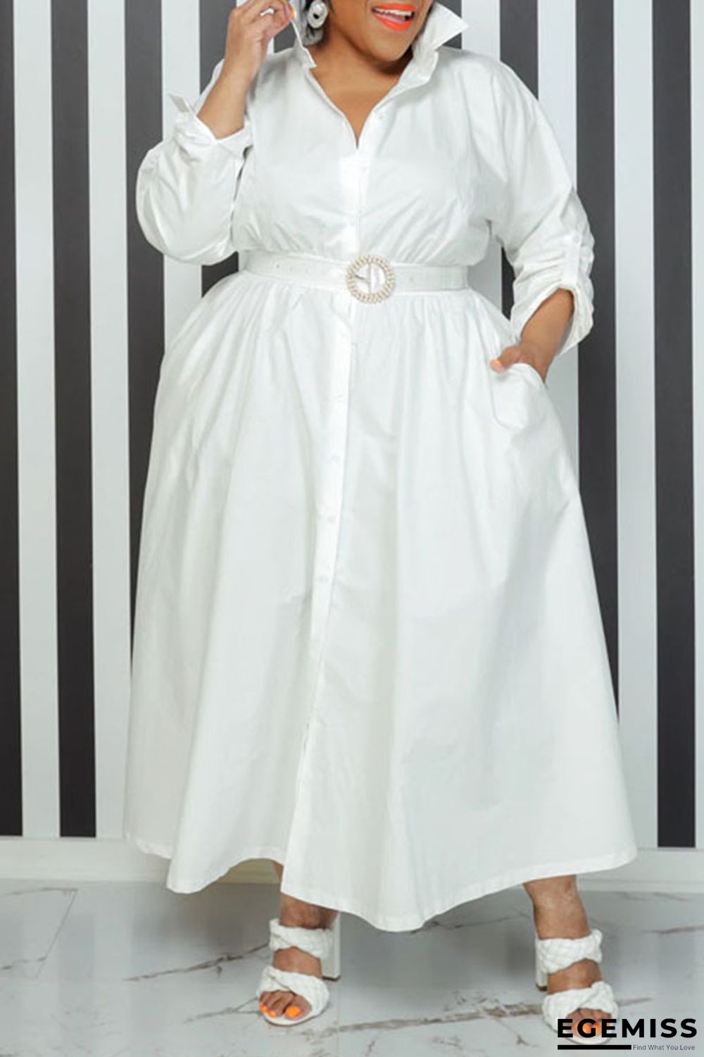 White Casual Solid Patchwork Buckle Turndown Collar Shirt Dress Plus Size Dresses | EGEMISS