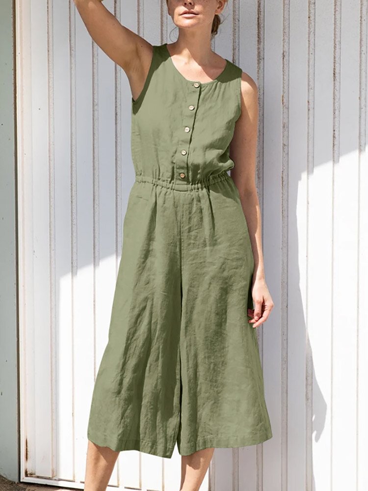Solid Button Sleeveless Elastic Waist Wide Leg Jumpsuit - Shop Trendy Women's Clothing | LoverChic