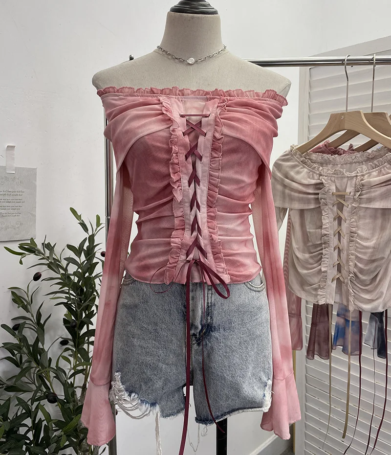Uveng Vintage Dizzying Rope Tie To Close The Waist Umbilked Short Shoulder Horn Horn Long-Sleeved Top 2592