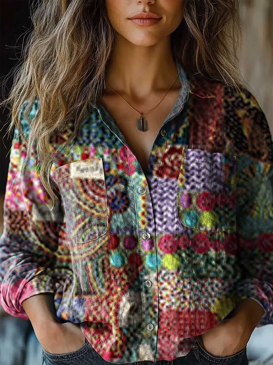 Women's Vintage Patchwork Pattern Art Print Casual Long Sleeve Comfortable Cotton Shirt
