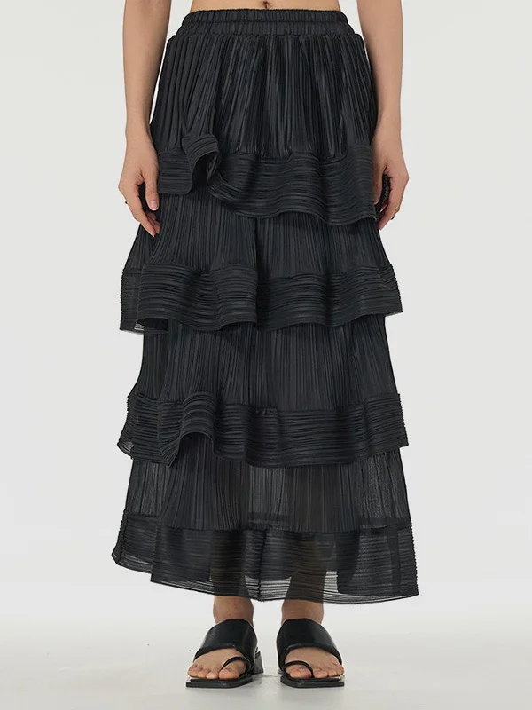 Solid Color Ruffled Pleated Layered Elasticity Loose Skirts Bottoms