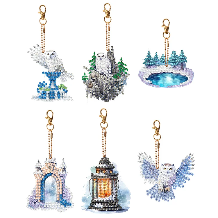 6 Pcs Winter Snow Owl Double Sided Diamond Painting Keychain Diamond Art Keyring