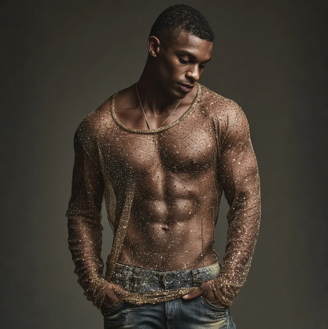 Men's Gold Sequined Mesh T-Shirt-inspireuse