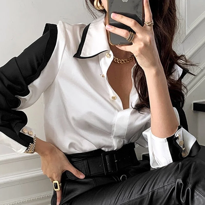 New Spring Turn Down Collar Blouse Women Satin Silk Women Shirts Office Lady Button White Long Sleeve Female Fashion Clothing
