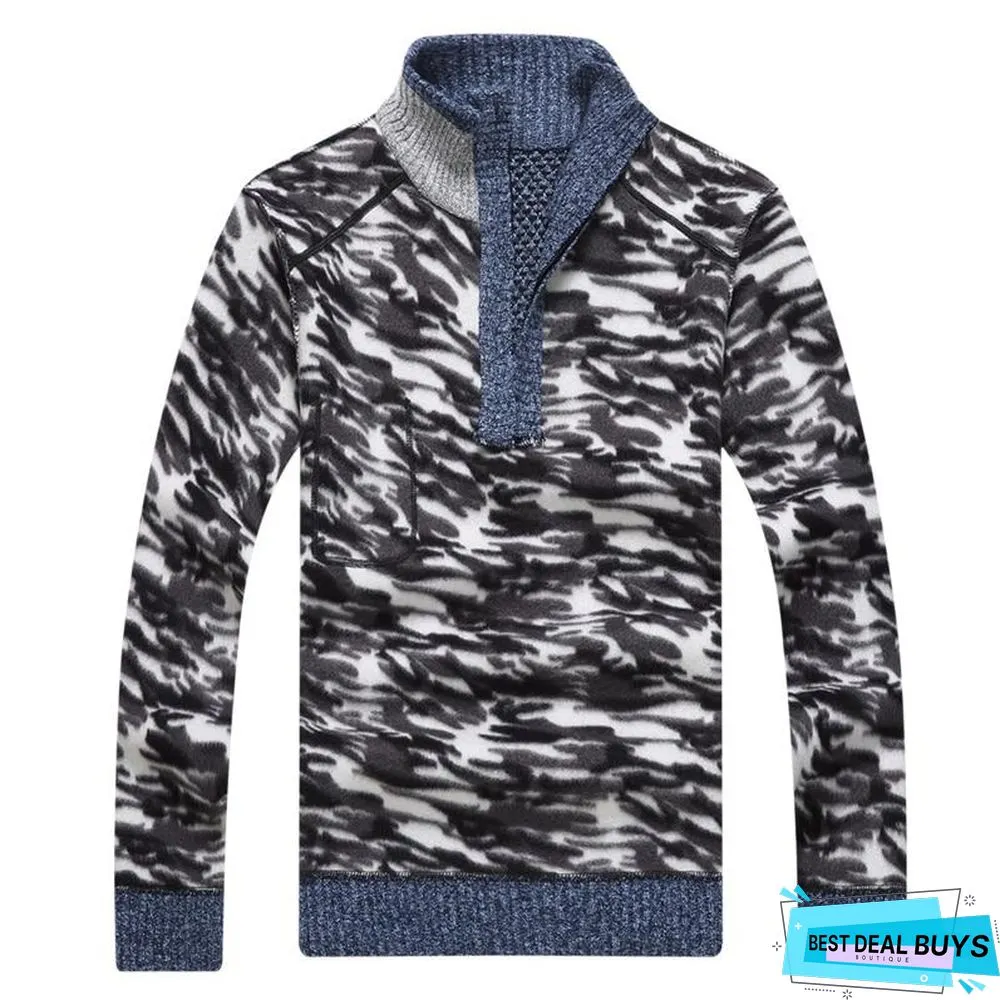 Men Warm Thick Velvet Winter Pullovers Zipper Mandarin Collar Man Casual Clothes Big Size Sweaters Top