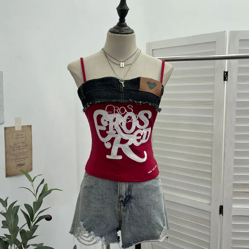 Churchf Design-Sensitive Edge Denim Spliced Letter Embroidered Sling Sling Vest T-Girls Short Top 23098