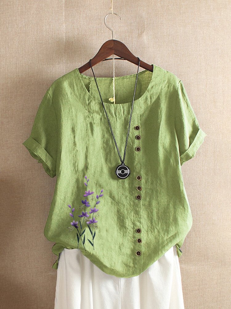 Floral Embroidery Short Sleeve O neck T shirt For Women P1670564