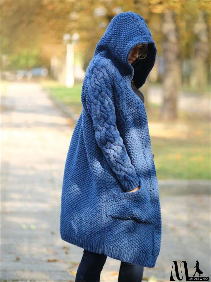 MidiSono - Women's Warm Buttoned Hooded Long Sweater Cardigan