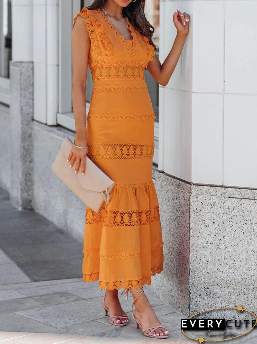 Women'S Dresses V-Neck Lace Stitching Slim Dress