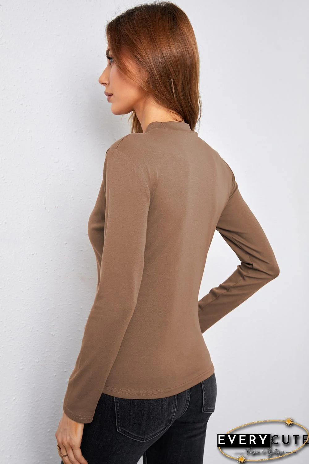 Khaki Mock Neck Lace Insert Slim Fit Long Sleeve Basic T Shirt