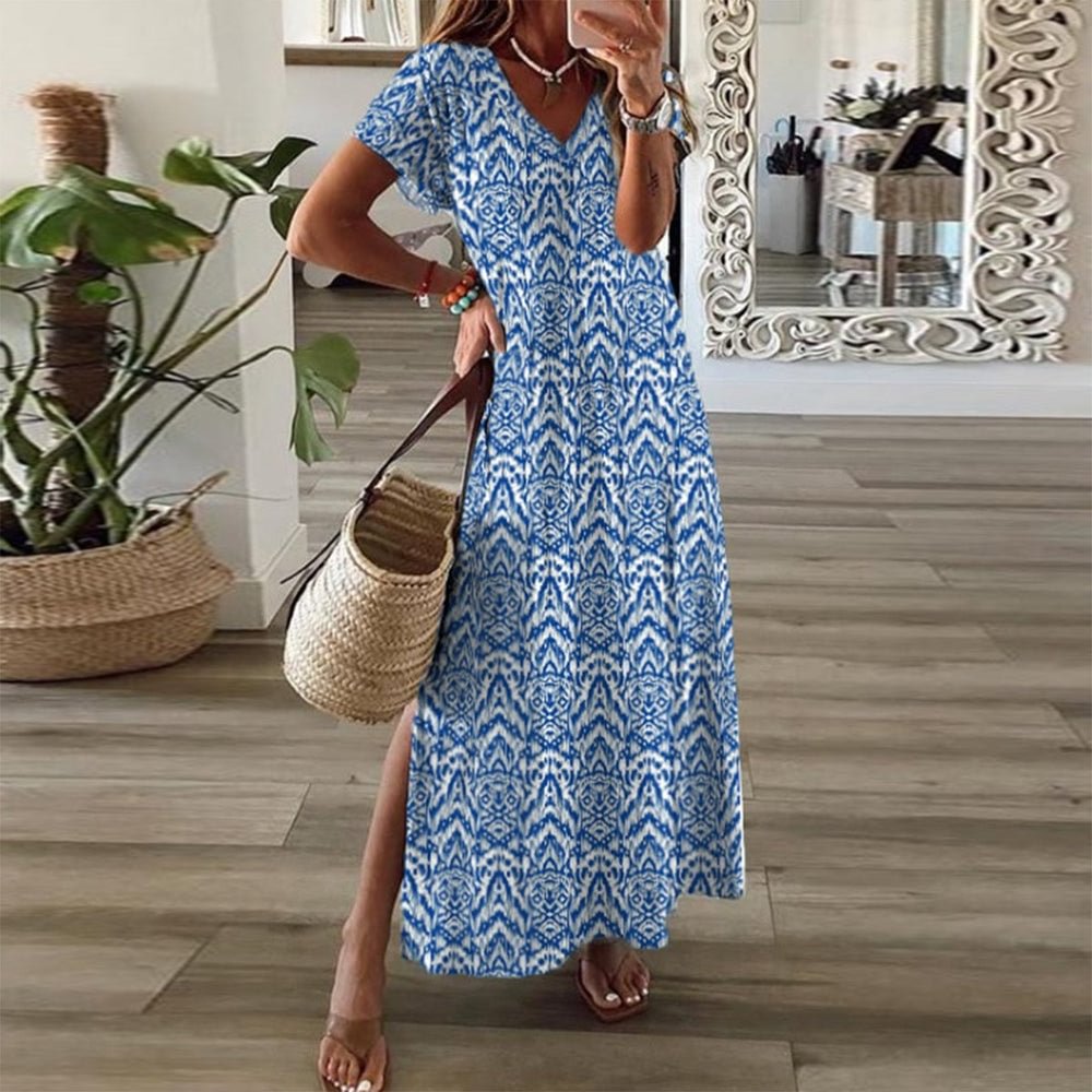 Blue Print Short Sleeve Maxi Dress