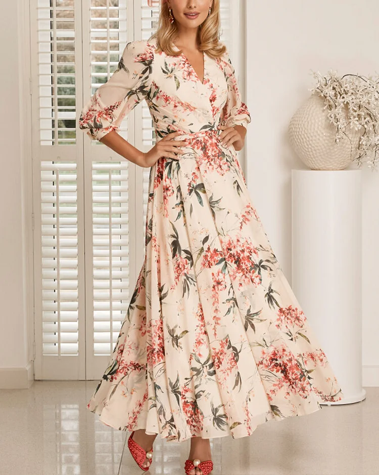 Red floral printed dress