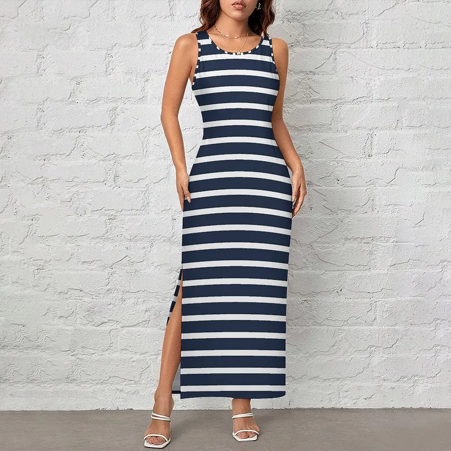 Nautical Navy And White Horizontal Stripes Women Side Slit Tank Dresses Sleeveless Maxi Dress Nautical-XL