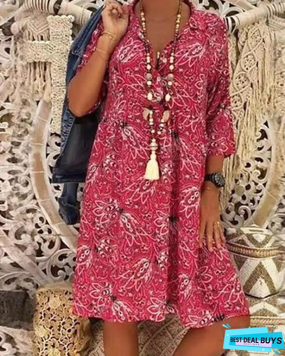 Women's A-Line Dress Midi Dress 3/4 Length Sleeve Floral Print Spring & Summer Hot Oversized Red Yellow Green