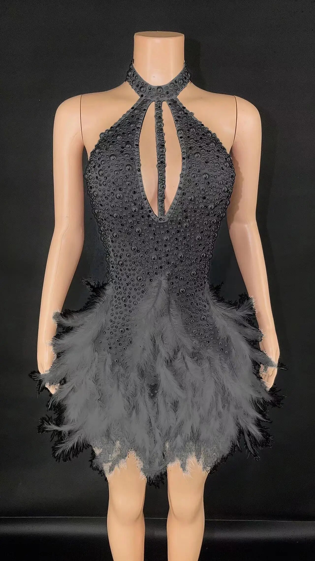 VCSHOES Sparkly Crystals Sleeveless Women Celebrate Birthday Evening Party Mini Dress Halter Backless Feathers Sheath Dress
