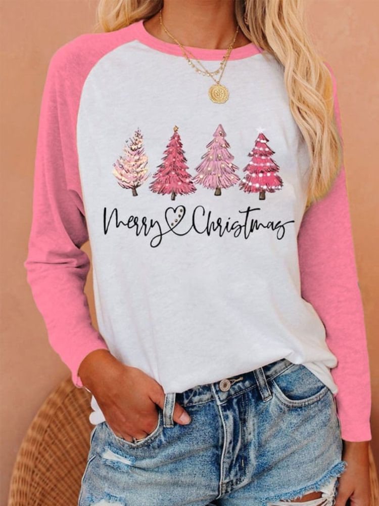 Comstylish Pink Christmas Tree Print Long Sleeve T Shirt