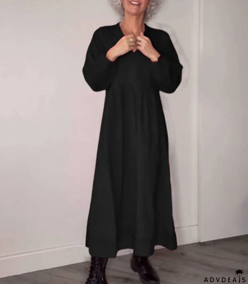 Autumn And Winter European And American Solid Color V-neck Long-sleeve Dress