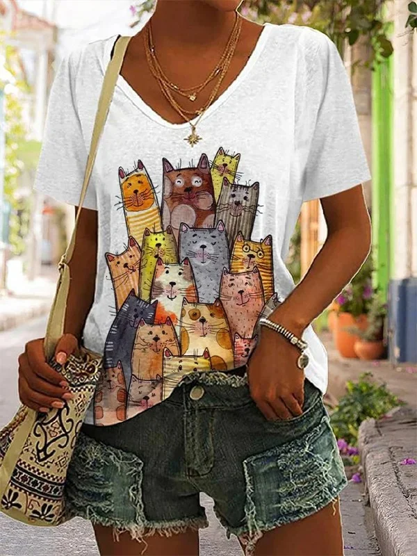 Women's Fun Colored Cat Print V-Neck Top