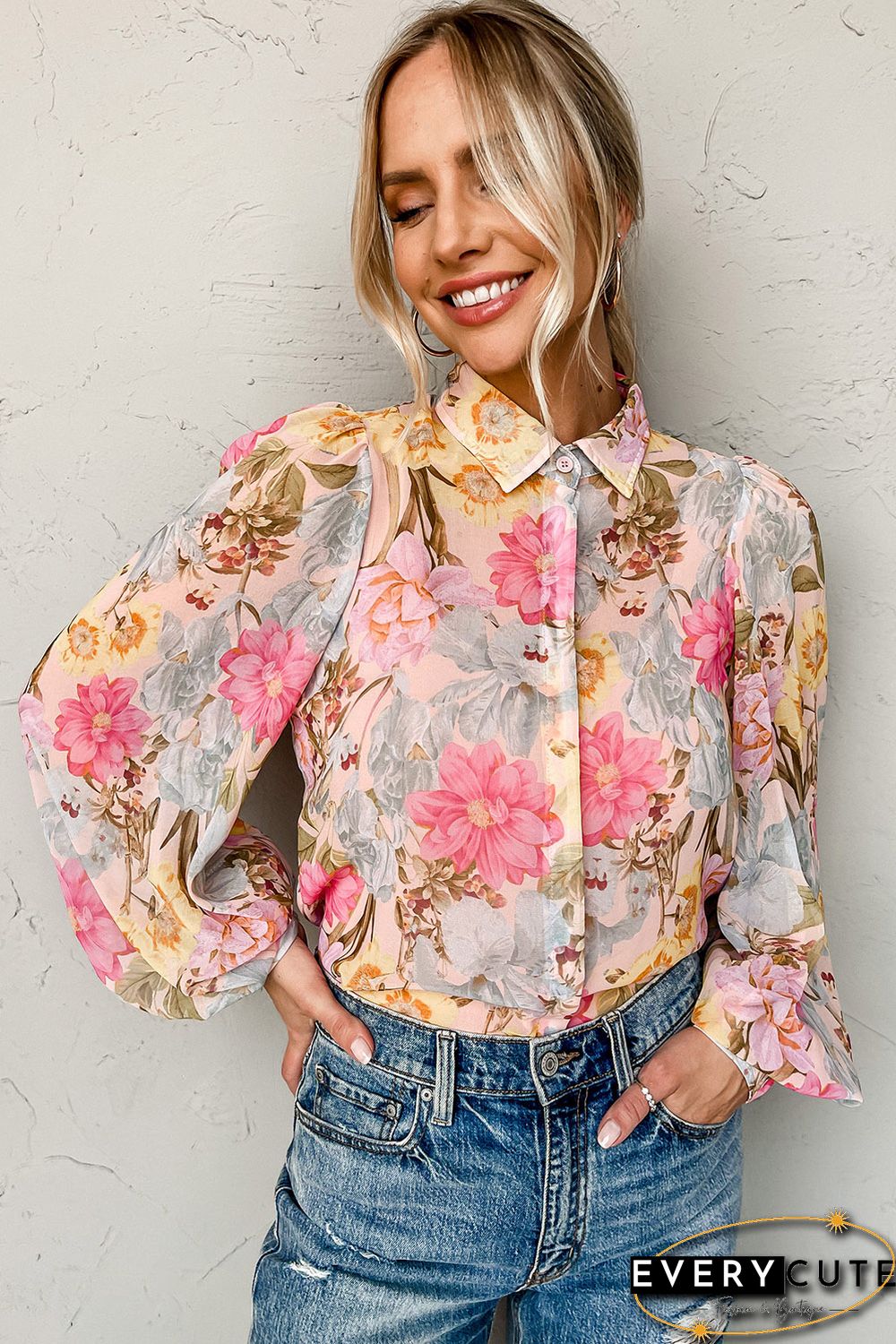 Pink All Floral Puff Sleeve Collared Shirt
