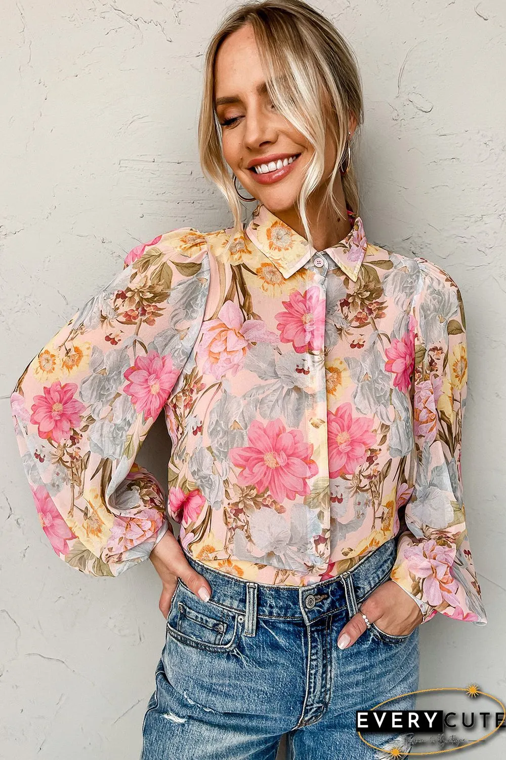 Pink All Floral Puff Sleeve Collared Shirt
