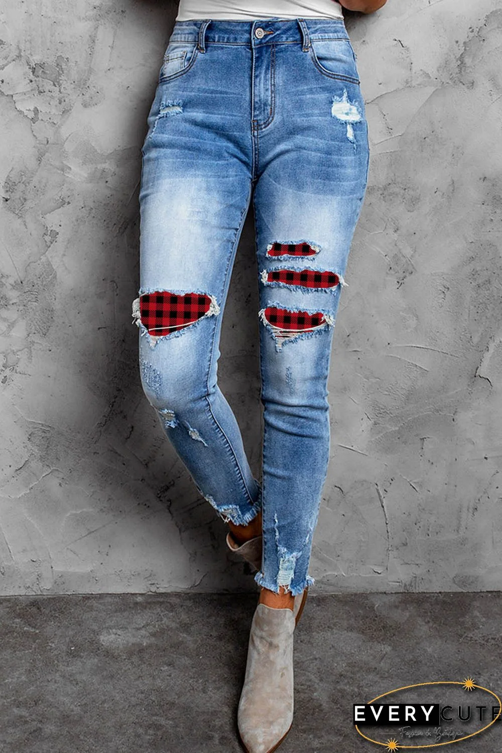 Plaid Patchwork Skinny Fit High Waist Distressed Jeans