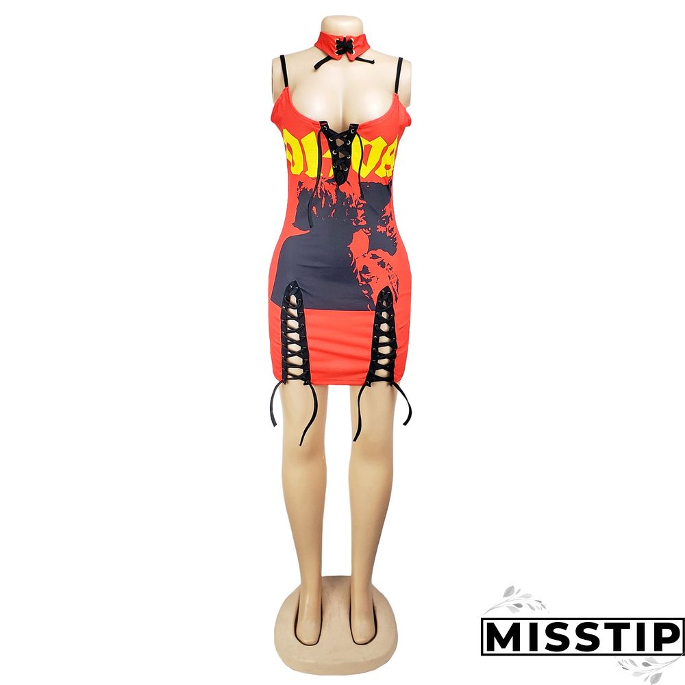 Printed Sleeveless Lace-up Mini Dress
