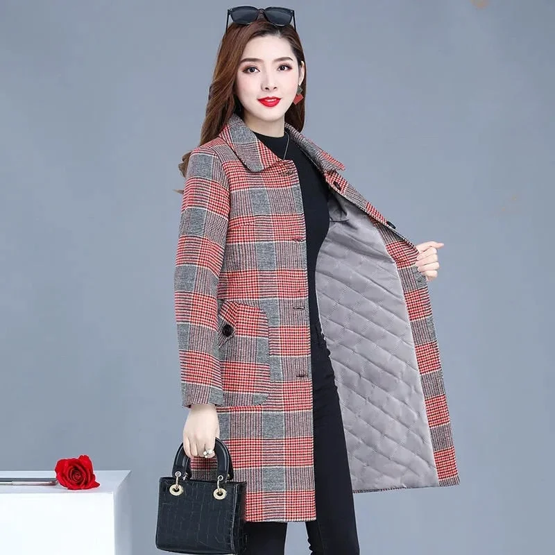 Autumn Winter Women's Woolen Coat New Fashion Plaid Mid Long Outerwear Plus Size 5XL Wool Jacket Female Single Breasted Tops 664