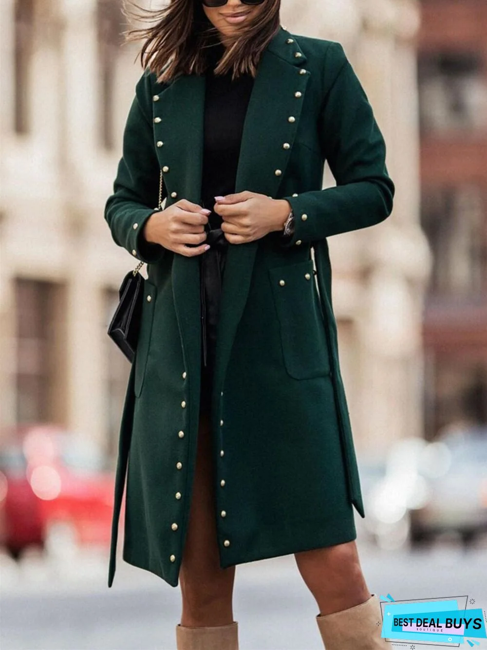 Simple Double Row Button Rivet Long Sleeve Lapel Button Woolen Coat
