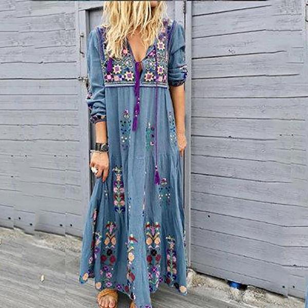 Women's Bohemia V Neck Printed Flower Dress