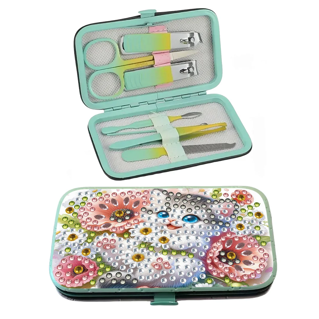 Cat Flower Diamond Painting Nail Art Bag Set Includes 7 Professional Tools