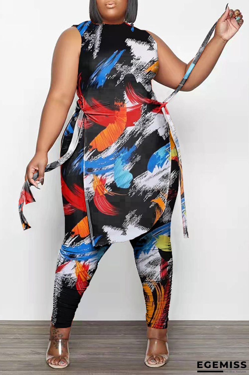 Colour Fashion Print Draw String O Neck Plus Size Two Pieces | EGEMISS