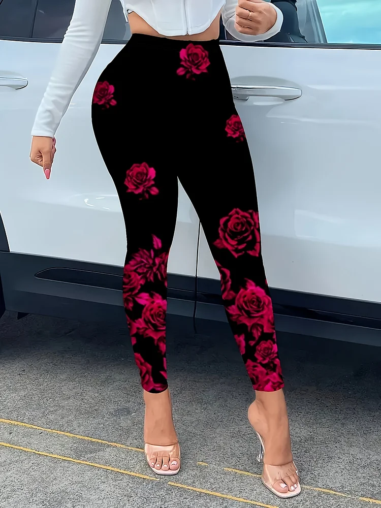 Casual Floral Rose Print Leggings For Women - Polyester And Elastane Blend, High-Waist Skinny Fit Pants, Comfortable Stretch Knit Fabric, All-Season Elegant Trouser