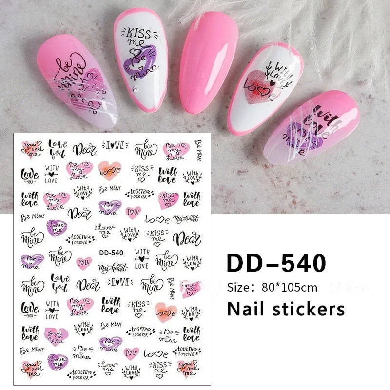 1PC Love Heart Designs 3D Nail Sticker Valentines's Day Black Red Transfer Decals Slider Gifts For Nails Decoration Manicures-Nail Inspo