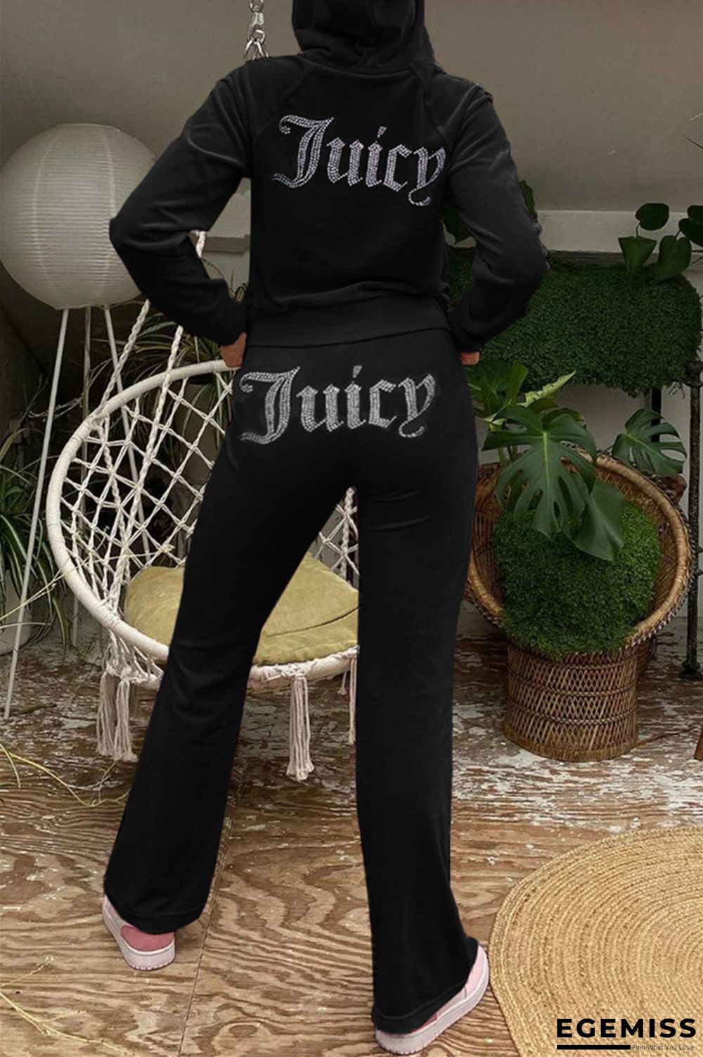 Black Fashion Casual Print Hot Drill Hooded Collar Long Sleeve Two Pieces | EGEMISS