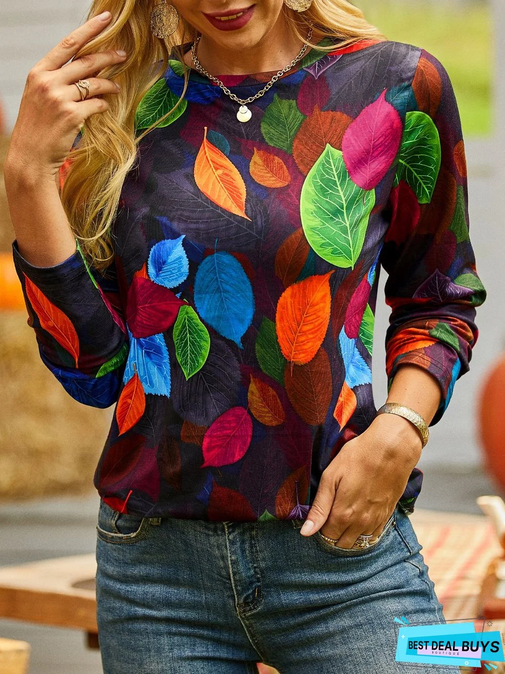Casual Crew Neck Leaves Long Sleeve T-shirt