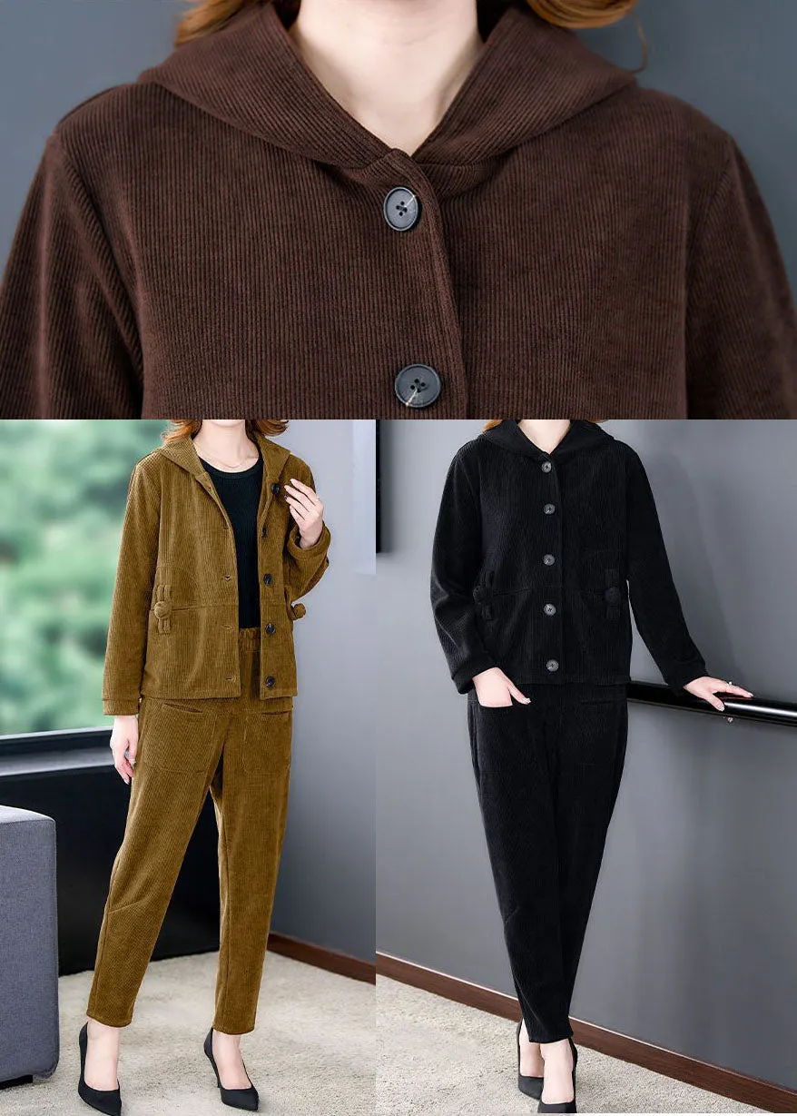 Coffee Thick Corduroy Coats And Harem Pants Two Pieces Set Hooded Winter