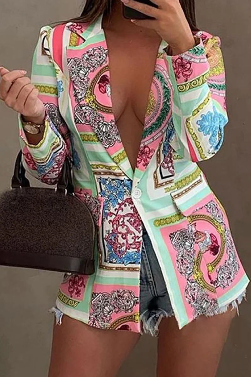 Light Green Casual Print Patchwork Turn-back Collar Outerwear | EGEMISS