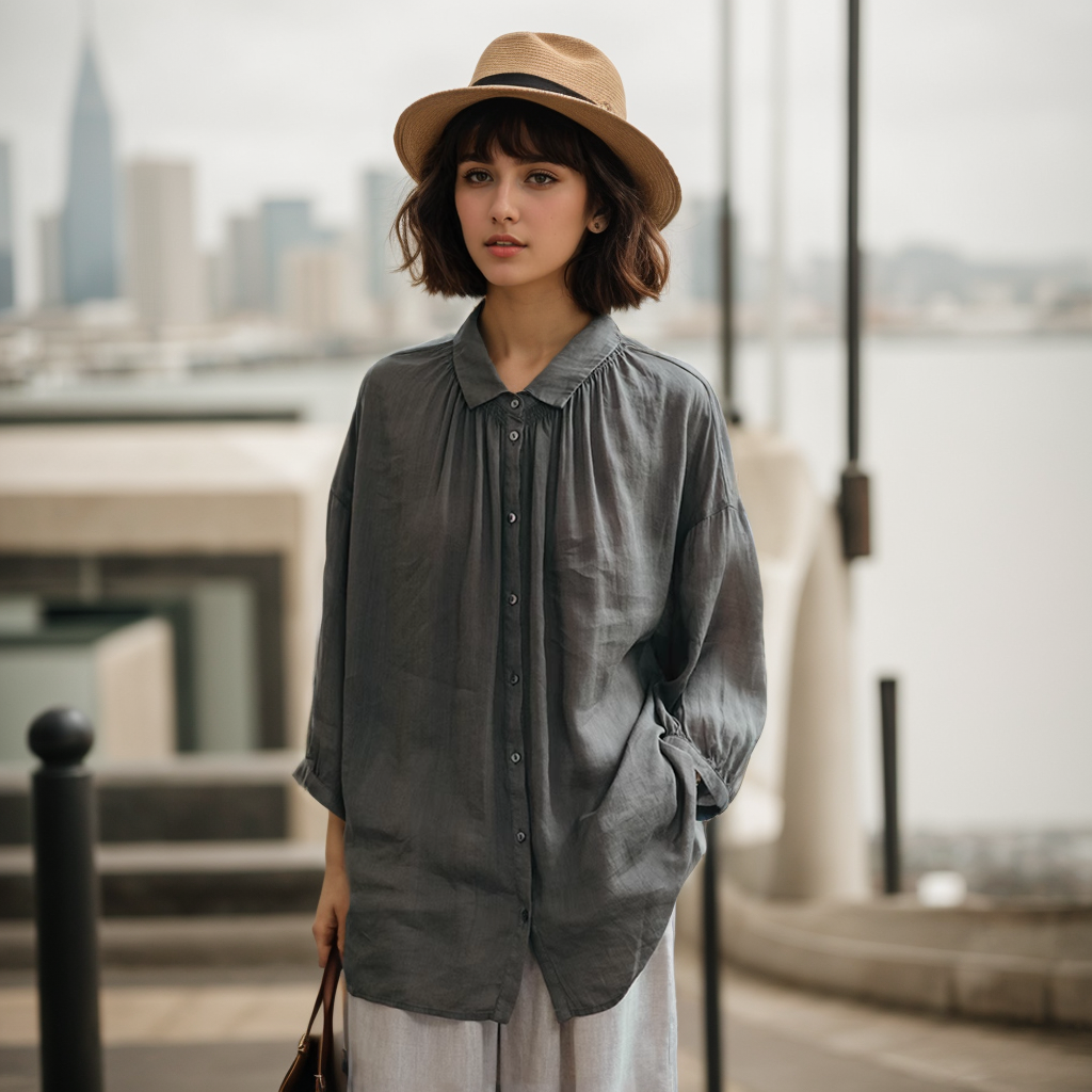 Chemise fine Ramie, haut Slack à manches longues- SOIE PLUS