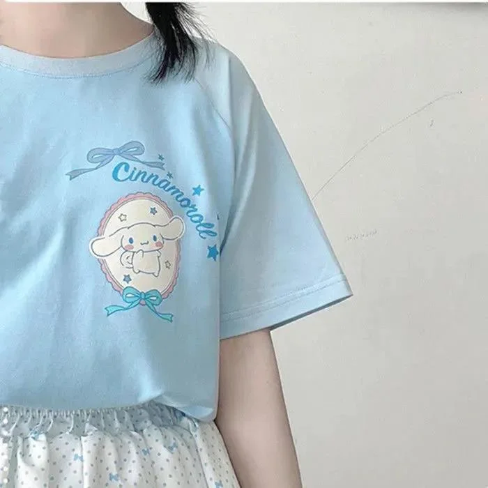 Kawaii Harajuku T Shirt Sky Blue Japan Print Loose Short Sleeve T Shirt Anime Tops Women Fashion Clothing T Shirt for Girl