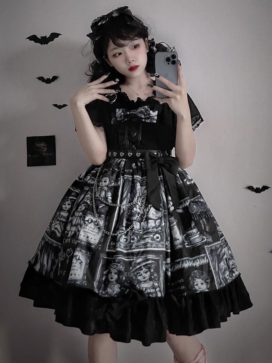 Gothic Black and White Intersecting Print Chain Short Sleeve Short Lolita Dress Dark 12 O'clock Doll Bows Ruffles Lolita