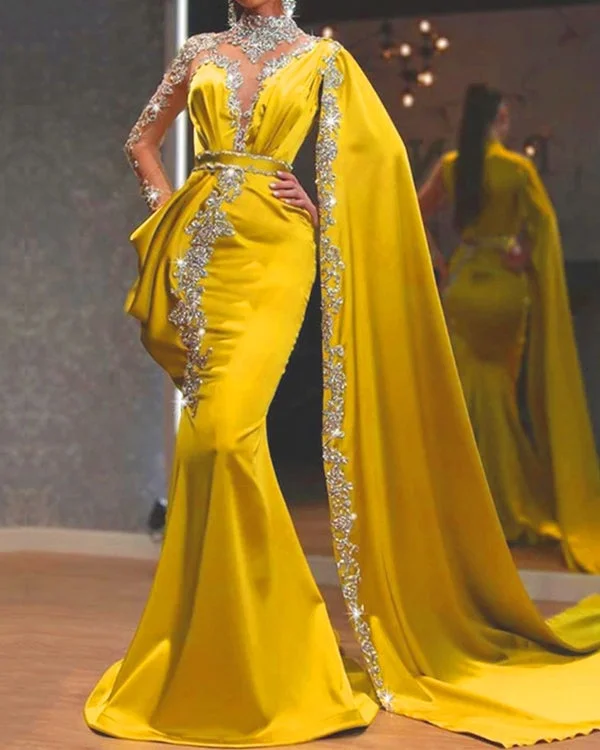 Women's Elegant Applique Embroidery Draped Design Asymmetric Sequined Long Skirt Evening Dress S-XXL