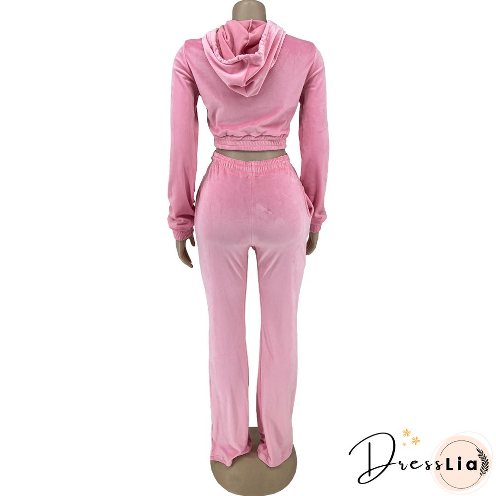 Zipper Hooded Jacket Flare Pants Velvet Two Piece Set