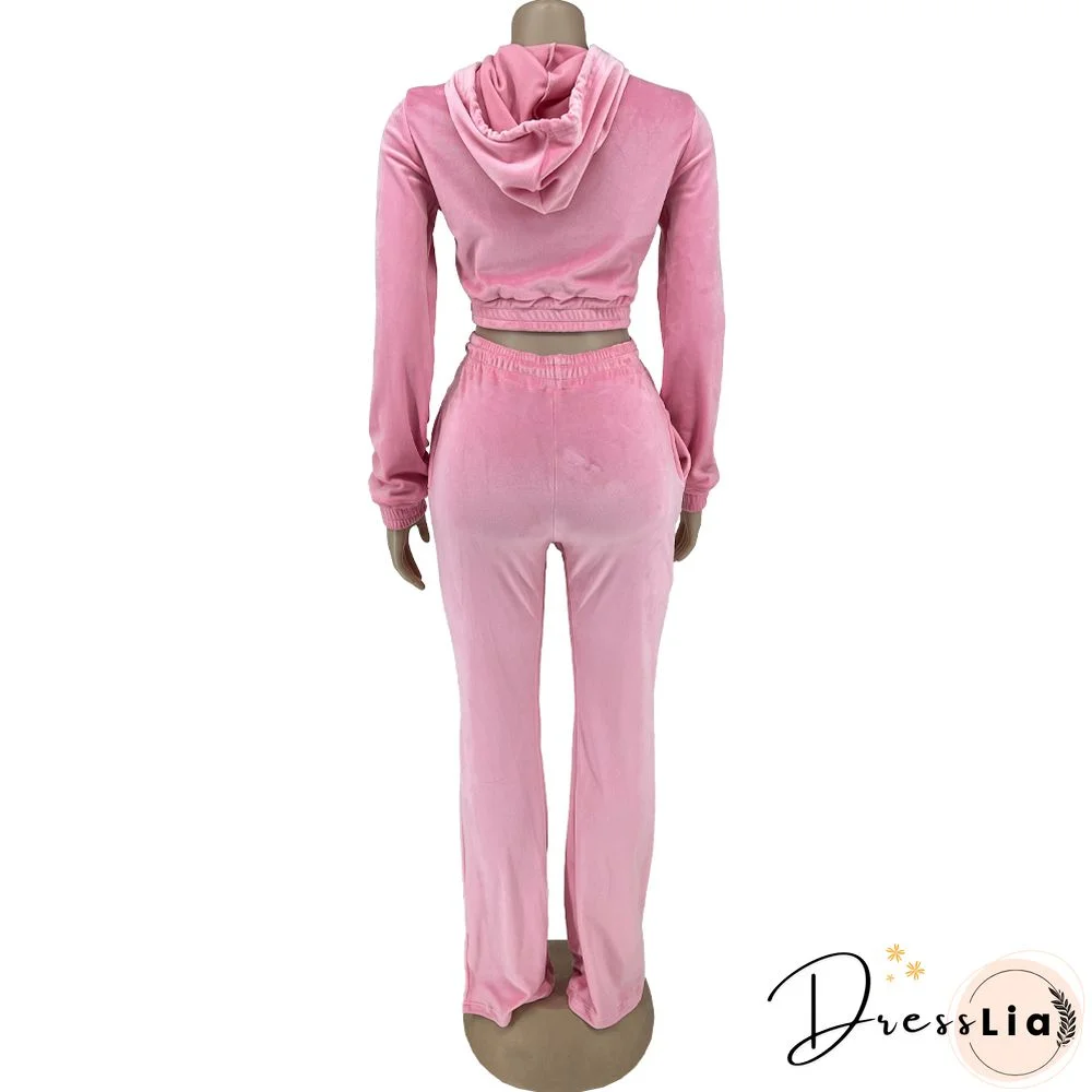 Zipper Hooded Jacket Flare Pants Velvet Two Piece Set