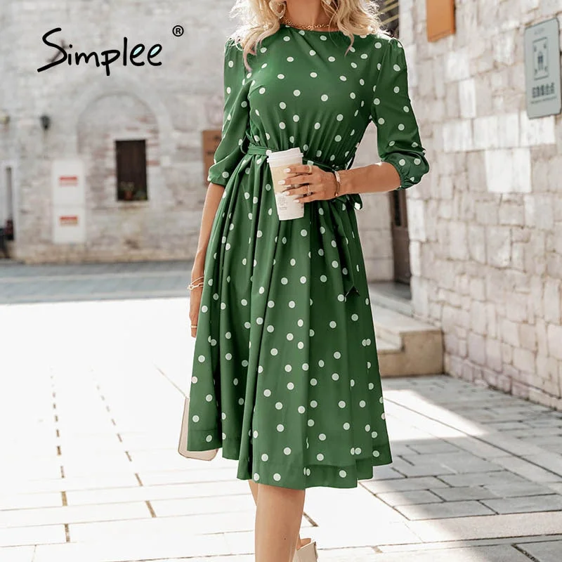 Simplee Elegant A-line polka dot women dress autumn Office lady o-neck belt women midi dresses Half sleeve female purple vestido