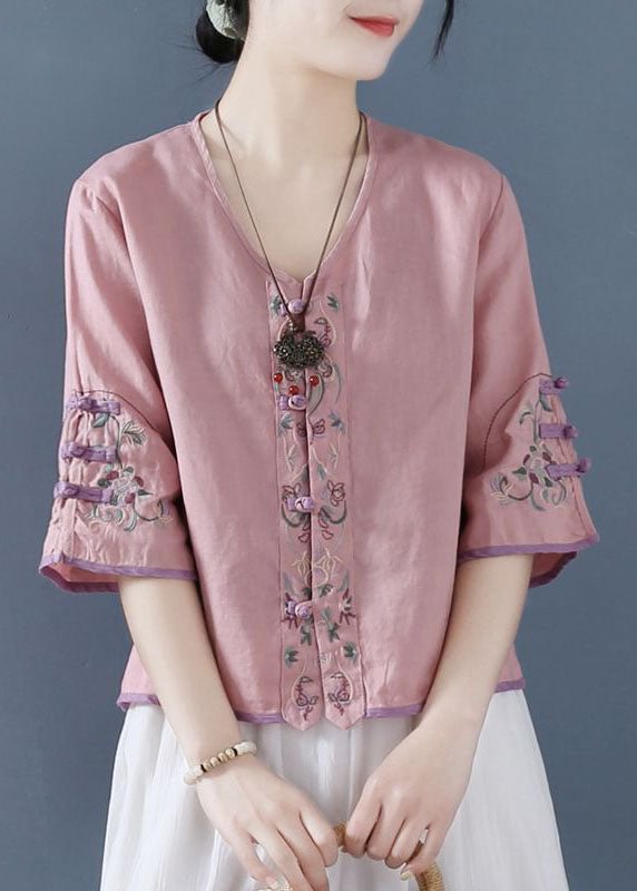 Fashion Pink Embroideried Button Shirts Half Sleeve CK1562- Fabulory