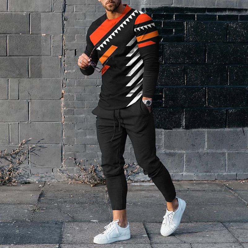 Men's Abstract Geometric Casual Long Sleeved T-Shirt And Pants Co-Ord